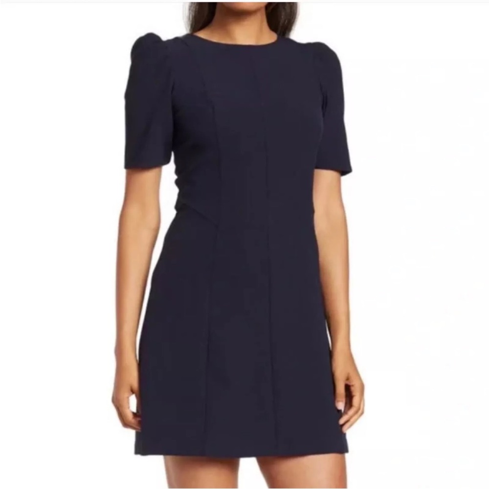 Eliza J A-Line Puff Sleeve Mini Dress Crew Neck Navy Blue Short Sleeve 2
